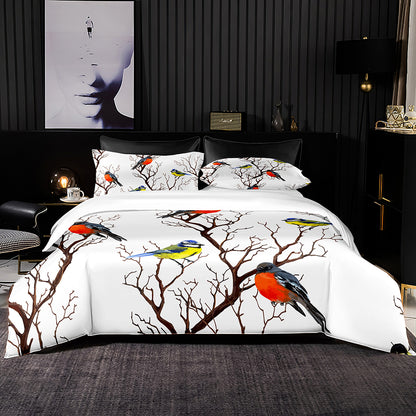 Colorful bird pattern duvet cover with pillowcase, imitation satin duvet cover