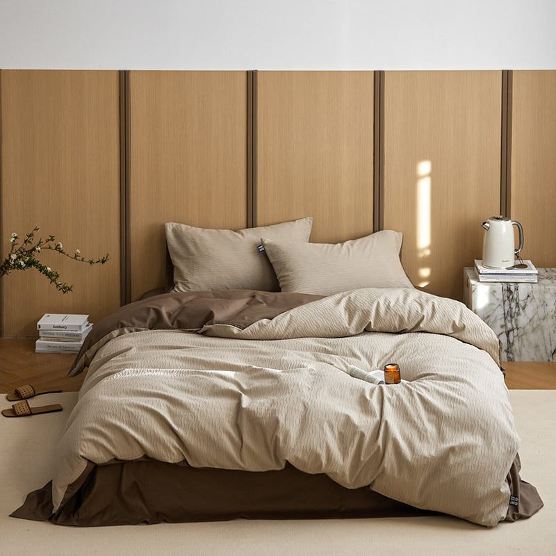 Cotton Wave Yarn Duvet Cover Bedding Set Brown Sheet