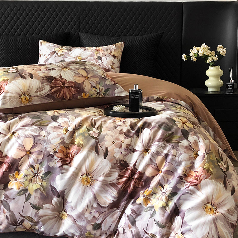 100% cotton bedding set, coffee color floral quilt cover with pillowcase/sheet