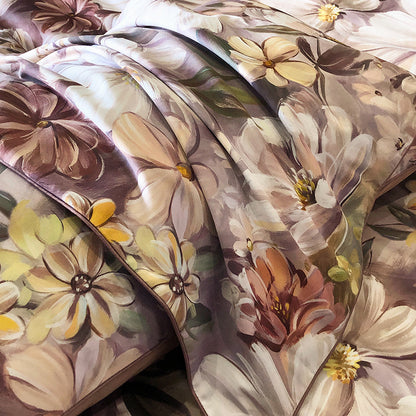 100% cotton bedding set, coffee color floral quilt cover with pillowcase/sheet