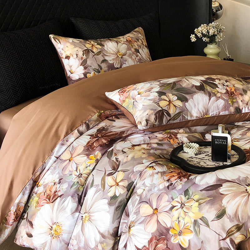 100% cotton bedding set, coffee color floral quilt cover with pillowcase/sheet